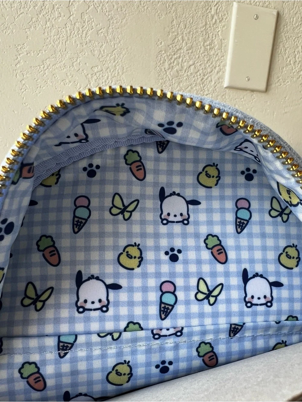 NWT Loungefly Sanrio Pochacco Blue Gingham Butterfly Moving Butt Mini Backpack